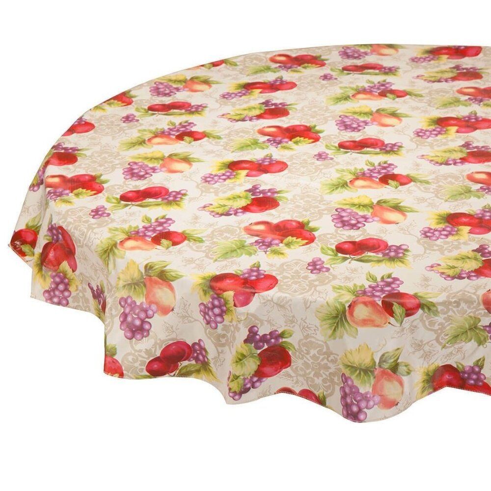 Harvest Fruit Vinyl Tablecloth 70-inch Round Apple Grapes Pears Wipes Clean NEW